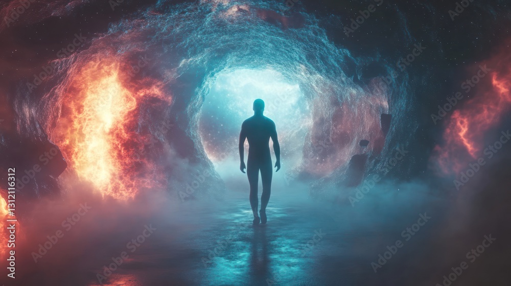 Journey Through Celestial Realms: A Man Walks Towards an Ethereal Gateway Between Blazing Fire and Serene Ice Journey Through Celestial Realms: A Man Walks Towards an Ethereal Gateway Between Blazing Fire and Serene Ice