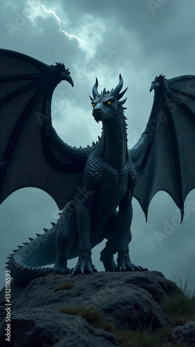 A cropped view of a black dragon standing on a rock, with four clawed legs, wings are spread wide, with dark storm clouds swirling at the background, vertical picture