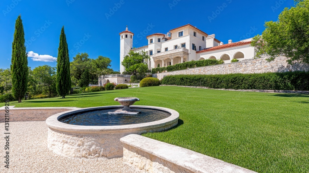 Obraz premium Scenic View of Elegant Villa with Fountain and Green Landscape