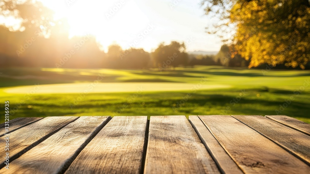 A rustic wooden table positioned in front of a golf course, set against a bokeh background that highlights the lush greenery and serene atmosphere of the course. A rustic wooden table positioned in front of a golf course, set against a bokeh background that highlights the lush greenery and serene atmosphere of the course.