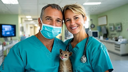 Two smiling veterinarians in scrubs holding a small animal in a bright clinic setting