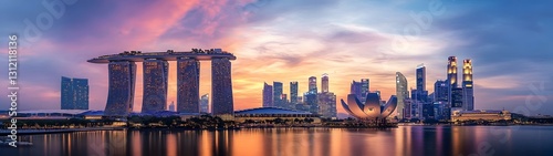 Iconic Singaporean skyline at sunset with dramatic sky and reflection of skyscrapers on the waters of Marina Bay