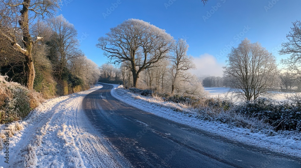 Obraz premium Serene Winter Landscape with Snow-Covered Trees and Curved Road