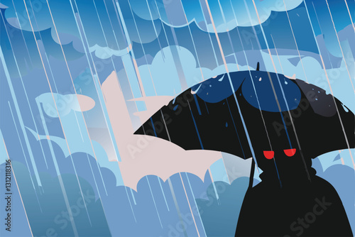 A solitary figure, hunched under a small umbrella, is dwarfed by a torrential rainstorm, symbolizing the overwhelming weight of PTSD.