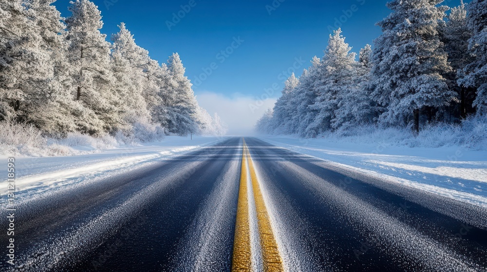 Obraz premium Snowy Road Through Frosty Forest Under Bright Blue Sky