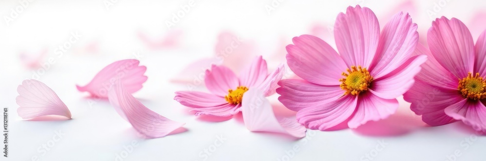Delicate Cosmos flower petals scattered on a white background, pink, blooms Delicate Cosmos flower petals scattered on a white background, pink, blooms