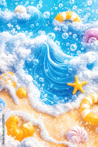 Beach scene with waves, bubbles, seashells and floaties under a clear blue sky