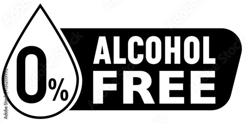 Zero percent alcohol free, black and white symbol with text and water drop encapsulating "0%", vector graphic product label with isolated background, indicates the absence of alcoholic content.