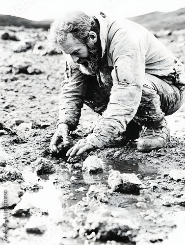 Bearded man crouches, studying mud and rocks in a desolate landscape. Outdoors exploration