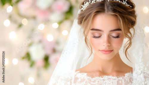 Beautiful bride with tiara, veil, & lace dress. Bokeh backdrop of flowers and lights