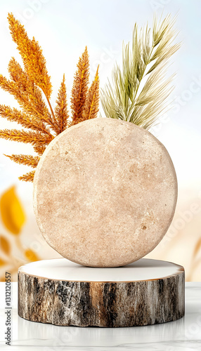 Beige disc on wood pedestal with wheat, on marble, and white background