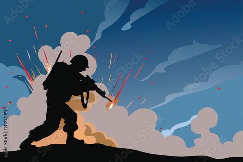 A silhouetted soldier, back to viewer, experiencing a PTSD war flashback; intense emotional turmoil depicted in the dark, stark background.