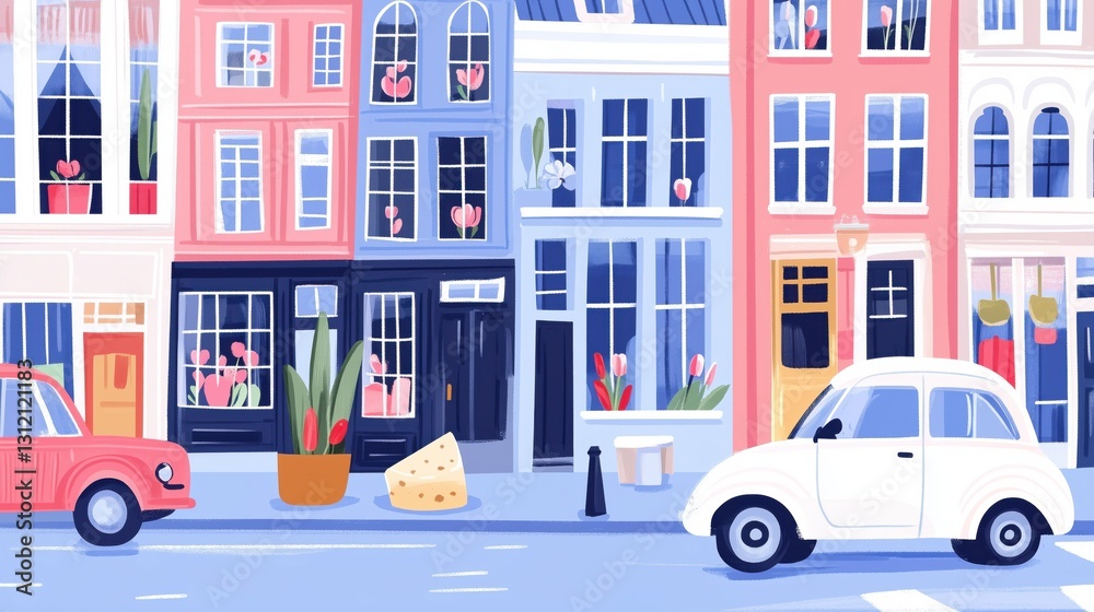 Obraz premium Vibrant buildings adorned with flowers brighten a quaint street while a classic car is parked beside a playful cheese display on a sunny day