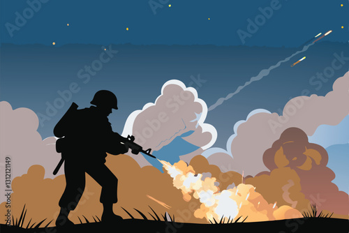 A haunting silhouette of a soldier, consumed by a PTSD war flashback, vividly illustrating the psychological trauma of combat.