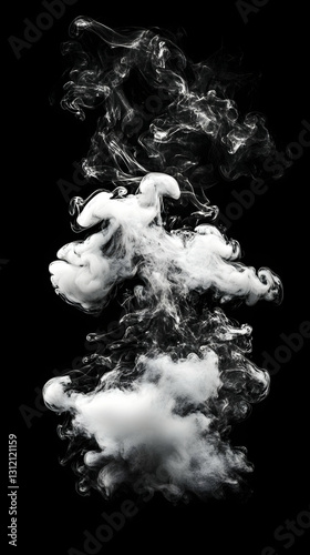 Billowing, rising smoke plume against a stark black backdrop