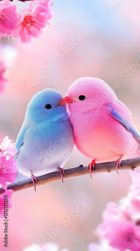 Birds perched on a branch surrounded by blossoms. Blue and pink color scheme