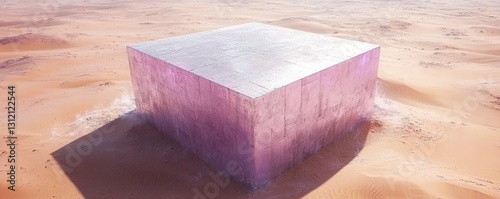 A large, translucent purple cube rests on a sandy desert surface, illuminated by bright sunlight, casting a shadow.