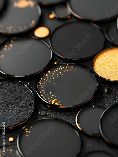 Black, gold circles array. Shiny texture