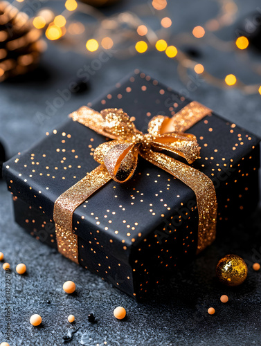 Black gift box with gold ribbon and polka dots, surrounded by gold and white decorations