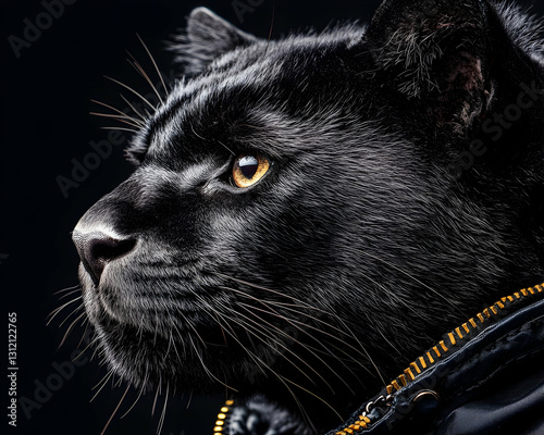 Black panther with golden eyes wearing a zippered collar in a side profile view