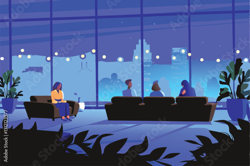 Attendees networking and relaxing in a comfortable lounge during a business conference break.  Comfortable seating, soft lighting, engaging conversations.