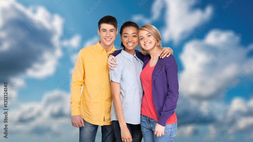 Happy funny teenagers students standing together outdoors. Happy funny teenagers students standing together outdoors.