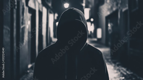 Grainy Black-and-White CCTV Frame of Hooded Figure in Dark Alley at Night