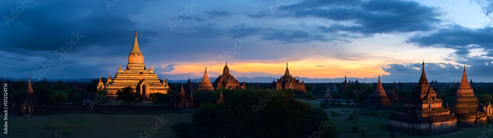 Fototapeta premium Majestic Buddhist Temples at Sunset in Bagan Myanmar s Ancient Cultural Landscape The pagodas and stupas of Bagan an archaeological site in central Myanmar silhouetted against a dramatic sky at dusk