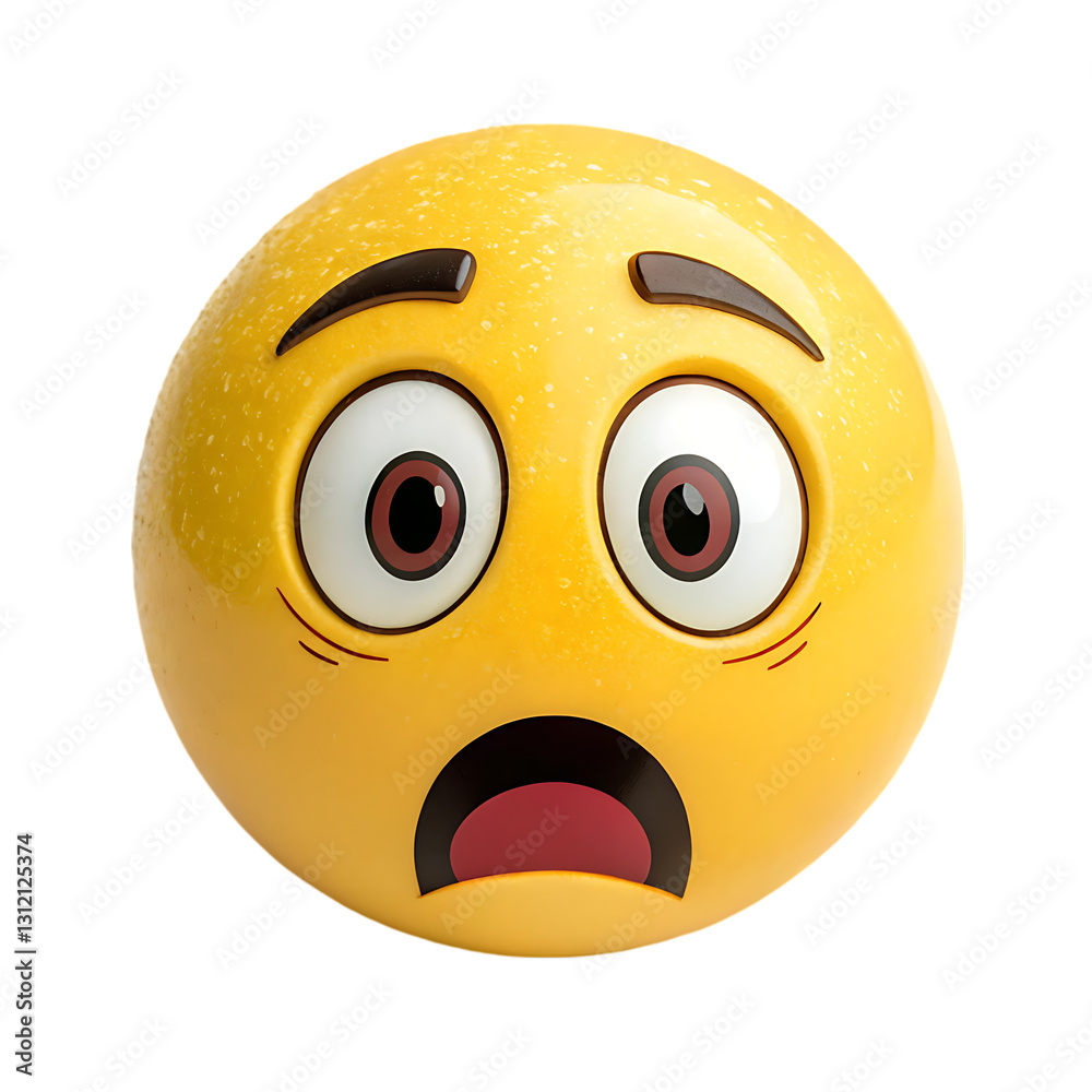 Fototapeta premium A big yellow color mind blowing emoji illustration on white background. big eyes and open mouth yellow emoji illustration on white. High quality emoji.