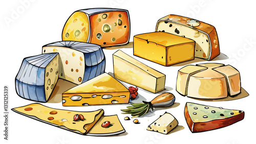 Hand drawn watercolor different kinds of cheese pieces bundle isolated on white background 