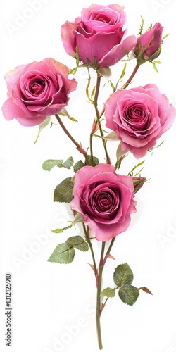 Beautiful Pink Roses with Green Leaves on a White Background
