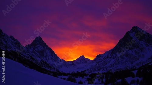 Majestic mountain peaks silhouetted against a vibrant sunrise. Snow-capped mountains, colorful sunset sky