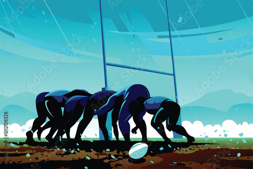 Intense rugby scrum engagement; players locked, pushing powerfully.  Muddy pitch, focused expressions.