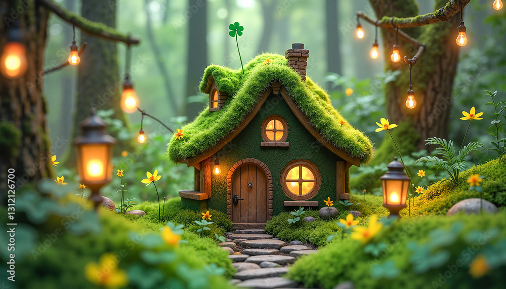 Fototapeta premium Tiny enchanted house nestled in a lush green forest adorned with fairy lights and flowers, celebrating magic and whimsy.