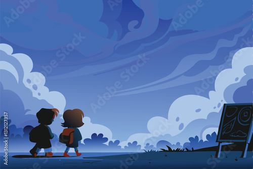 Depressed children reluctantly dragging themselves to school on a Monday morning, showcasing the "Monday blues".