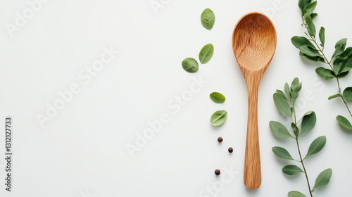 The wooden spoon rests on the white background, showcasing its simple design.
