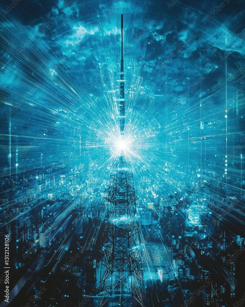 Obraz premium Futuristic City Skyline with Illuminated Radio Tower at Night