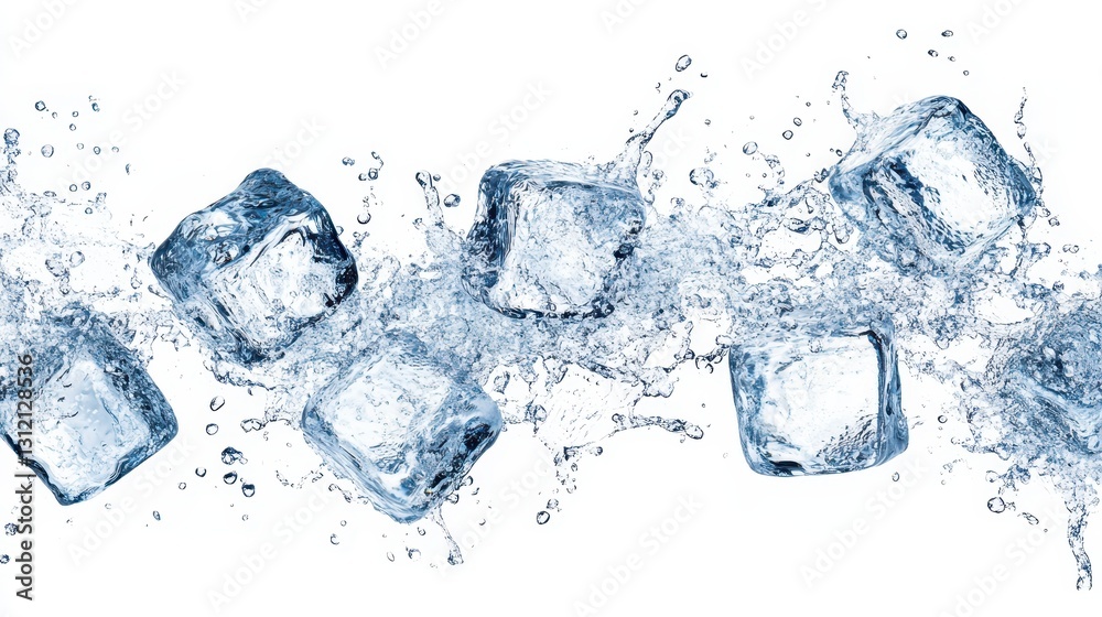 A set of floating ice cubes with splashes, isolated on a white background. A set of floating ice cubes with splashes, isolated on a white background.