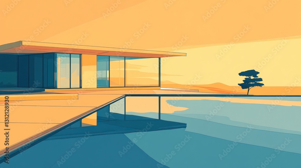 Fototapeta premium Modern House Pool Sunset View