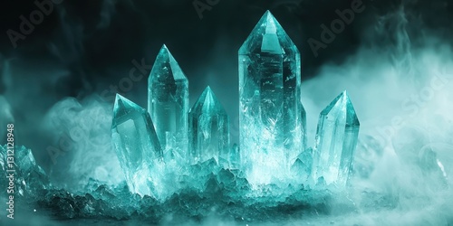 Floating aquamarine crystals with a blue-green glow on a misty gray background