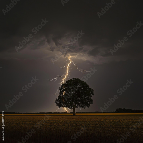 Lone tree silhouetted against a dramatic night sky, illuminated by a lightning strike photo