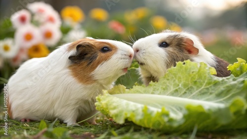 two adorable guinea pigs sharing a tender moment, surrounded by fresh greens and colorful flowers