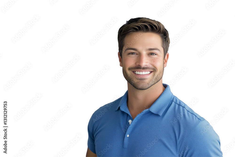 Smiling Man Portrait: A charismatic and friendly man with a bright smile and confident gaze. He wears a stylish blue polo shirt. Smiling Man Portrait: A charismatic and friendly man with a bright smile and confident gaze. He wears a stylish blue polo shirt.