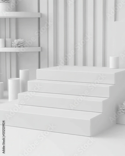 White minimalist product display with stairs  shelves  and cylindrical elements. Clean  simple  and modern aesthetic.