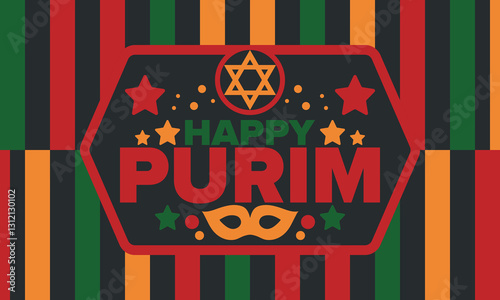 Purim. Happy Purim. Traditional Jewish religious holiday. Star of David, Carnival mask. Israel history. Сelebrated by a masquerade and festival. Poster art. Vector illustration