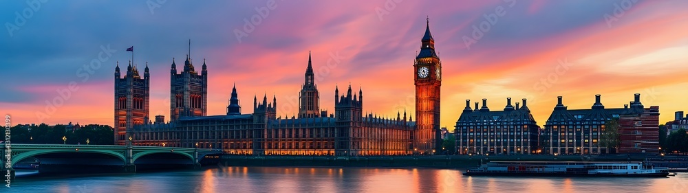 Fototapeta premium Majestic sunset scenery with dramatic sky over the iconic Parliament building and Big Ben clock tower in the heart of London United Kingdom