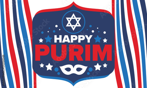 Purim. Happy Purim. Traditional Jewish religious holiday. Star of David, Carnival mask. Israel history. Сelebrated by a masquerade and festival. Poster art. Vector illustration