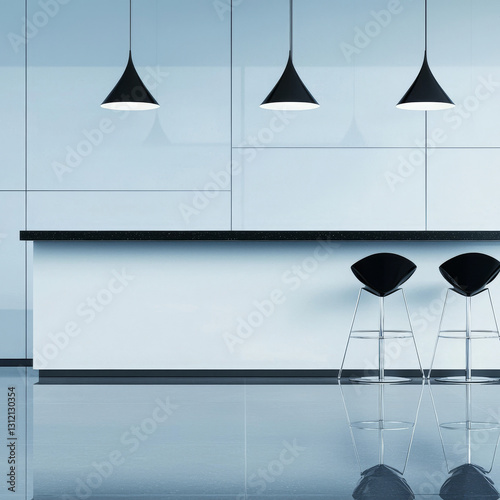 Modern minimalist bar, sleek counter, pendant lights, stools photo