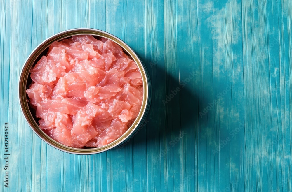 Fresh raw chicken pieces in a tin can on a blue background, showcasing the texture and color of uncooked poultry meat for culinary use or recipe design. Fresh raw chicken pieces in a tin can on a blue background, showcasing the texture and color of uncooked poultry meat for culinary use or recipe design.