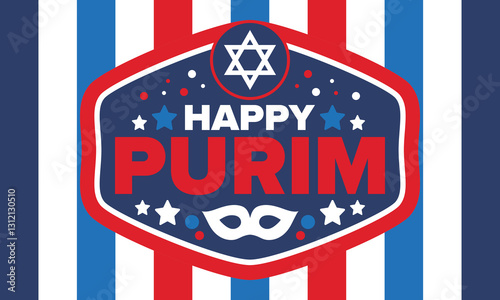 Purim. Happy Purim. Traditional Jewish religious holiday. Star of David, Carnival mask. Israel history. Сelebrated by a masquerade and festival. Poster art. Vector illustration